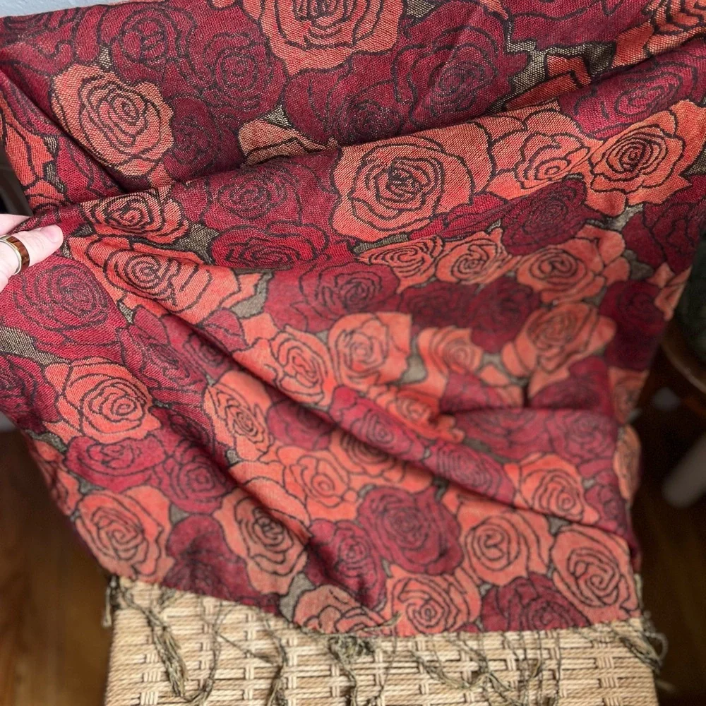 Boho Red Rose Floral Pashmina Style Shawl Scarf Jacquard Wrap